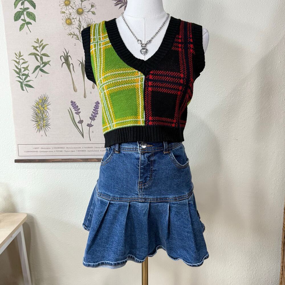 Vintage 90s Y2k Plaid Knit Pullover Sweater Vest Preppy Grunge Twee Emo XS S